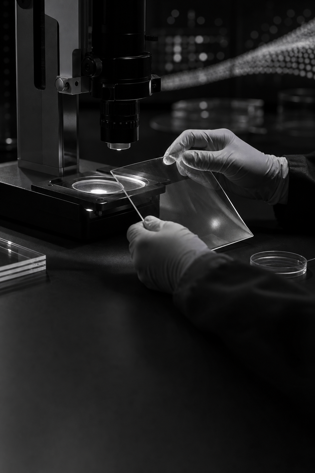 Researcher examining a material sample under precision optics